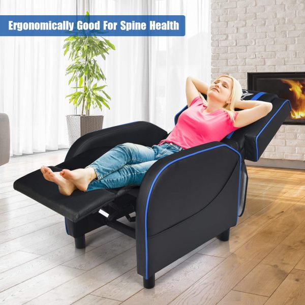POWERSTONE Gaming Recliner Chair, Reclining Gaming Chair Ergonomic Leather Sofa with Footrest Lumbar Support Headrest and Side Pouch for Living Room Home Theater, Blue - Image 4