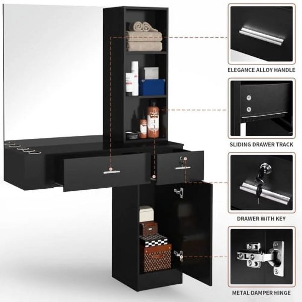 OmySalon Wall Mount Barber Salon Stations for Hair Stylist, Beauty Styling Equipment Organizer w/Mirror, Hair Salon Supply cabinet w/1 Storage Cabinet, 2 Drawers & 3 Tier Shelf (Black) - Image 7