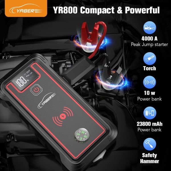 Car Jump Starter 4000A 23800mAh Auto Booster(All Gas or 8.0L Diesel) Wireless Charger YABER - Image 2