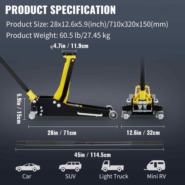 BENTISM Low Profile Floor Jack 2.5 Ton (5500 lbs), Aluminum and Steel Hydraulic Racing Floor Jack, Dual Piston Quick Lift Pump, 3-3/4"-18-7/10" Height Lifting Range, Yellow+Black - Image 7