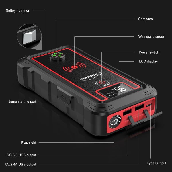 Car Jump Starter 4000A 23800mAh Auto Booster(All Gas or 8.0L Diesel) Wireless Charger YABER - Image 4