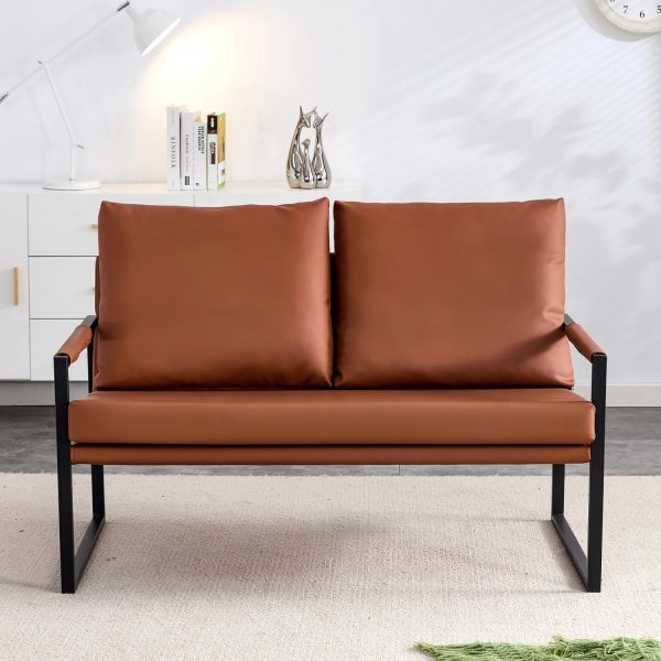 Modern Two-Seater Sofa Chair with 2 Pillows - PU Leather High-Density Foam Black Coated Metal Frame.Brown SF-D008 - Image 2