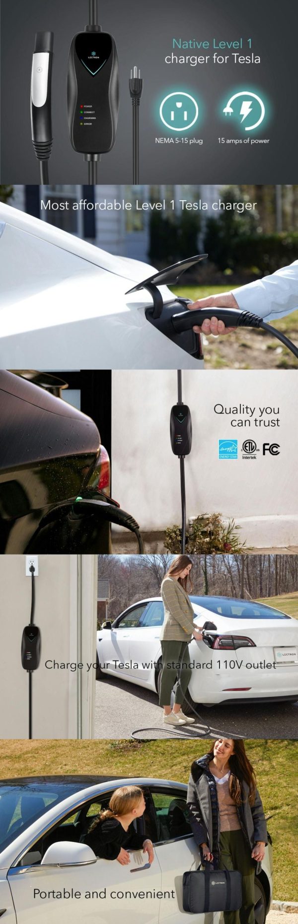 Lectron Level 1 Portable 15 Amp (110V) Electric Car Charger for Tesla X/Y/3/S EVs with NEMA 5-15 Plug - Image 9