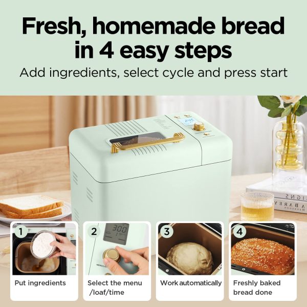 Neretva Bread Maker Machine, 15-in-1 2LB Automatic Breadmaker with Gluten Free Sourdough Setting, Auto Nut Dispenser (Mint Green) - Image 4