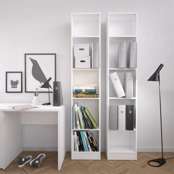 White Modern 5-Tier Tall Bookshelf Compact Size 10.5"D x 16"W x 80"H Living Room Office Shelves Storage Furniture Display Stand - Image 4