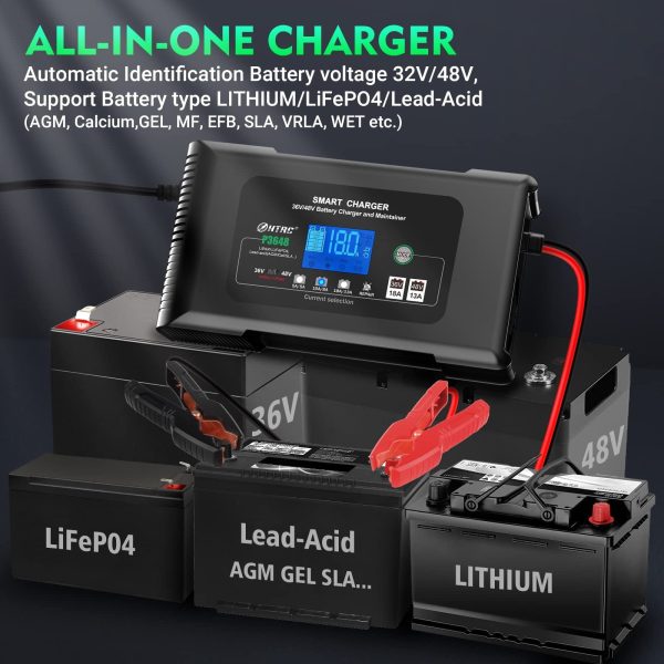 Car Battery Charger 18 Amp Automatic Smart Charger, 36V/18A 48V/13A, for Lead Acid (AGM/Gel/SLA)/LiFePO4 Trickle Charger, Pulse Repair Car Battery Charger, Deep Cycle Battery Charger - Image 5