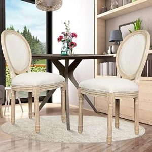 MQLIFEBOOM French Dining Chair Linen Fabric Upholstered Farmhouse Dining Chairs with Oval Backrest Vintage Solid Wood Dining Chairs for Kitchen Restaurant Dining Room