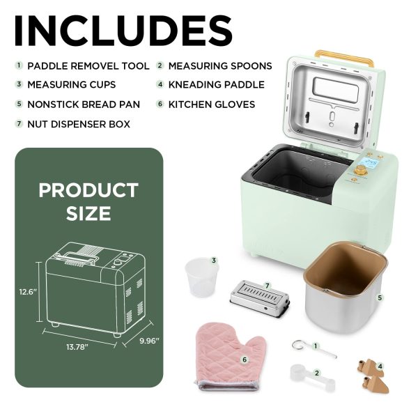 Neretva Bread Maker Machine, 15-in-1 2LB Automatic Breadmaker with Gluten Free Sourdough Setting, Auto Nut Dispenser (Mint Green) - Image 6