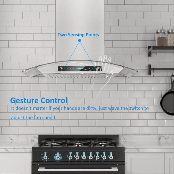 IKTCH Range Hoods 30 Inch Wall Mount Tempered Glass 900 CFM, Kitchen Chimney Vent Stainless Steel with Gesture Sensing & Touch Control Switch Panel, 2 Pcs Adjustable Lights(IKP03-30) - Image 4