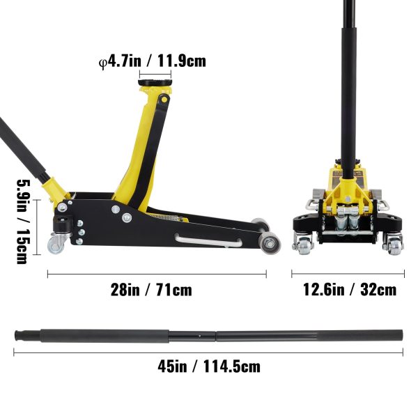 BENTISM Low Profile Floor Jack 2.5 Ton (5500 lbs), Aluminum and Steel Hydraulic Racing Floor Jack, Dual Piston Quick Lift Pump, 3-3/4"-18-7/10" Height Lifting Range, Yellow+Black - Image 8