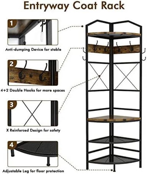 YOPCTUO 3-in-1 Entryway Coat Rack Industrial Hall Tree Corner Cloth Rack with Bench Hallway Coat and Shoe Rack for Corner Entryway Organizer with Metal Shoe for Hallway Corner Entran - Image 3