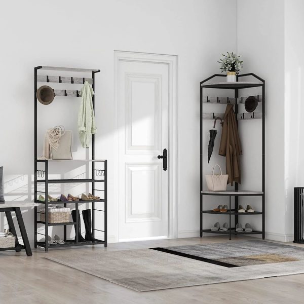 DONFU Grey Corner Hall Tree with Shoe Bench Entryway Coat Rack with 10 Metal Movable Hooks Rustic Farmhouse Freestanding Clothes Rack Shoes Shelf Organizer for Home Office Bedroom (Greige) - Image 7
