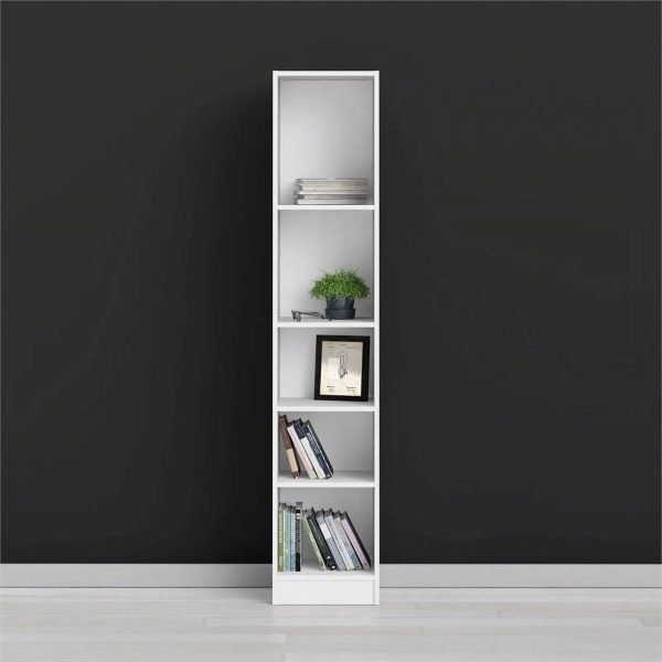 White Modern 5-Tier Tall Bookshelf Compact Size 10.5"D x 16"W x 80"H Living Room Office Shelves Storage Furniture Display Stand - Image 3
