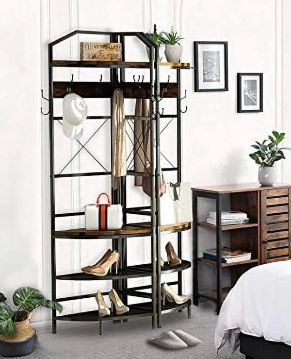 YOPCTUO 3-in-1 Entryway Coat Rack Industrial Hall Tree Corner Cloth Rack with Bench Hallway Coat and Shoe Rack for Corner Entryway Organizer with Metal Shoe for Hallway Corner Entran - Image 2