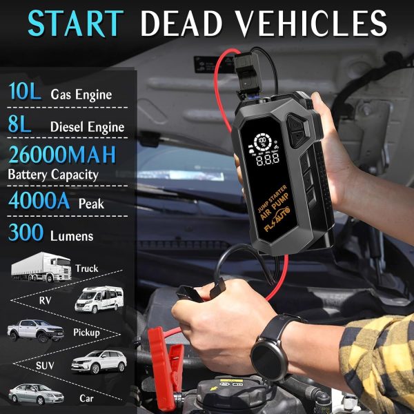 Portable Car Jump Starter, 4000A Peak Battery Jump Starter with Air Compressor 150 PSI Air Pump, 12V Auto Battery Booster Pack Safe Lithium Jumper Box with Dual USB QC 3.0 Led Light - Image 4