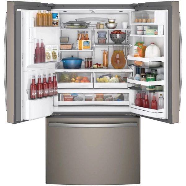 PFE28KMKES 36 Energy Star ADA Compliant French Door Refrigerator with 27.8 cu. ft. Capacity TwinChill Evaporator Water and Ice Dispenser and Drop Down Tray: Slate - Image 3