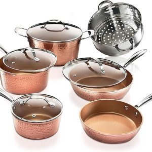 Gotham Steel 10 Pc Hammered Copper Pots and Pans Set Nonstick Cookware Set, Pot and Pan Set, Kitchen Cookware Sets, Non Toxic Cookware Set with Lids, Pot Set, Dishwasher / Oven Safe, 100% Toxin Free