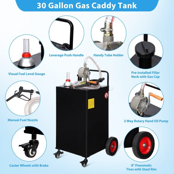 Fuel Caddy, 30 Gallon Portable Gas Storage Tank On 4 Wheels with Manual Transfer Pump, Gasoline Diesel Fuel Container with Manual Transfer Siphon Pump, for Cars, Lawn Mowers, ATVs, Boats - Image 2