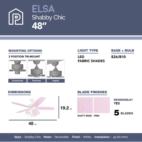 Prominence Home Elsa, 48 Inch Princess Style Indoor LED Ceiling Fan with Light, Pull Chain, Three Mounting Options, 5 Dual Finish Blades, Reversible Motor 50623-01 (White/ Pink) - Image 4
