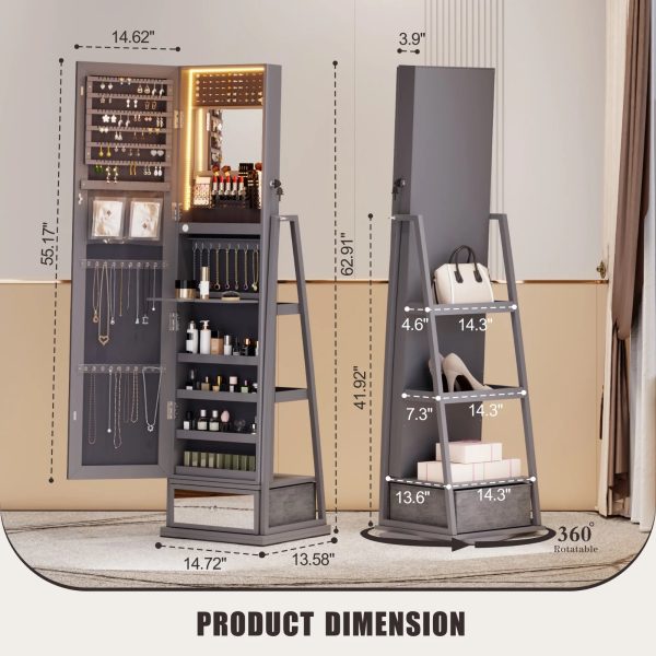 FREDEES Standing Jewelry Cabinet with Mirror and Lights, Wooden Jewelry Armoire Organizer with Full-Length Mirror for Women, Grey - Image 3