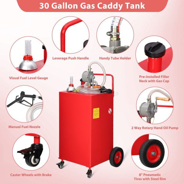 Fuel Caddy, 30 Gallon Portable Gas Storage Tank On 4 Wheels with Manual Transfer Pump, Gasoline Diesel Fuel Container with Manual Transfer Siphon Pump, for Cars, Lawn Mowers, ATVs, Boats - Image 2