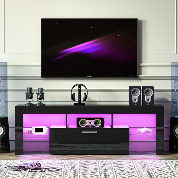 Entrintou Modern LED TV Stand for 32/40/50/55 inch TV, High Glossy Entertainment Center with LED Lights, Gaming Television Stands with Large Storage, Black Wood TV Console for Living Room, Bedroom - Image 2