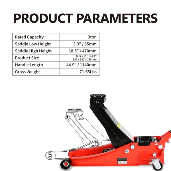 DSstyles 3 Ton Hydraulic Floor Jack Dual Pump 6600 Lb Capacity Lifting Range 3.3"-18.5" Low Profile Service Jack for Quickly Car Lift - Image 3