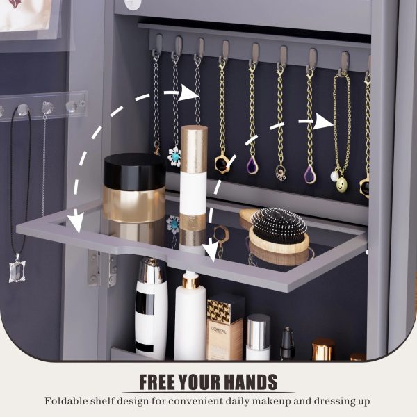 FREDEES Standing Jewelry Cabinet with Mirror and Lights, Wooden Jewelry Armoire Organizer with Full-Length Mirror for Women, Grey - Image 8