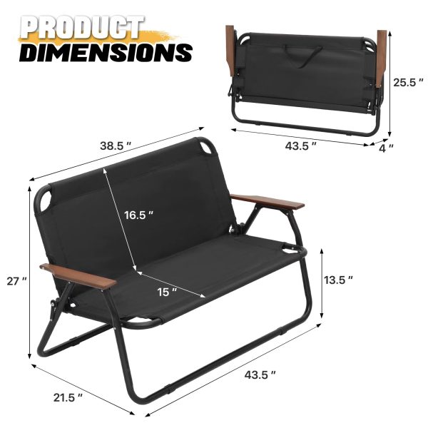 MoNiBloom Folding Double Camping Chair with Armrest, 2-Person Beach Chairs for Outdoor Camping Lawn Travel Patio Picnic, Black - Image 2