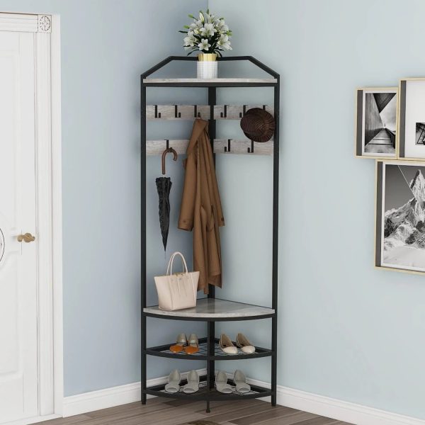 DONFU Grey Corner Hall Tree with Shoe Bench Entryway Coat Rack with 10 Metal Movable Hooks Rustic Farmhouse Freestanding Clothes Rack Shoes Shelf Organizer for Home Office Bedroom (Greige) - Image 6