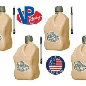 VP Racing Fuels 5 Gallon Square Tactical Tan Racing Utility Jug, 4 Tactical Tan Jugs with 4 Deluxe Filler Hoses