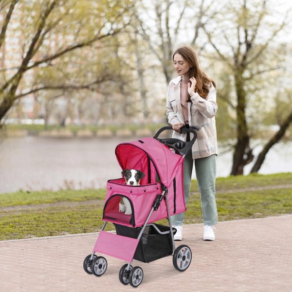 ZENSTYLE 4 Wheels Pet Stroller Foldable Carrier Strolling Cart for Cat Dog w/ Storage Basket Pink - Image 10