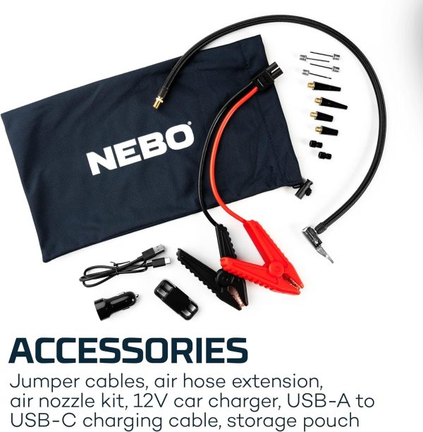 NEBO 4-in-1 Assist Air Jump Starter, Portable Car Battery Charger, Emergency USB Power Bank with Tire Pump, Interchangeable Air Nozzles, 310 Lumen Floodlight - Image 7