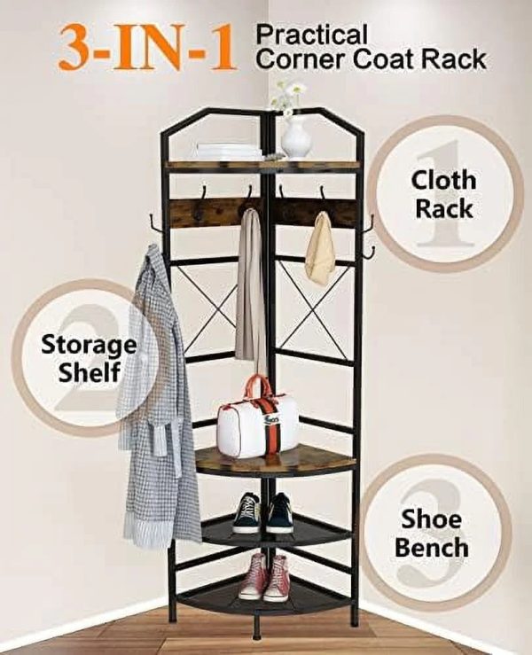 YOPCTUO 3-in-1 Entryway Coat Rack Industrial Hall Tree Corner Cloth Rack with Bench Hallway Coat and Shoe Rack for Corner Entryway Organizer with Metal Shoe for Hallway Corner Entran - Image 5