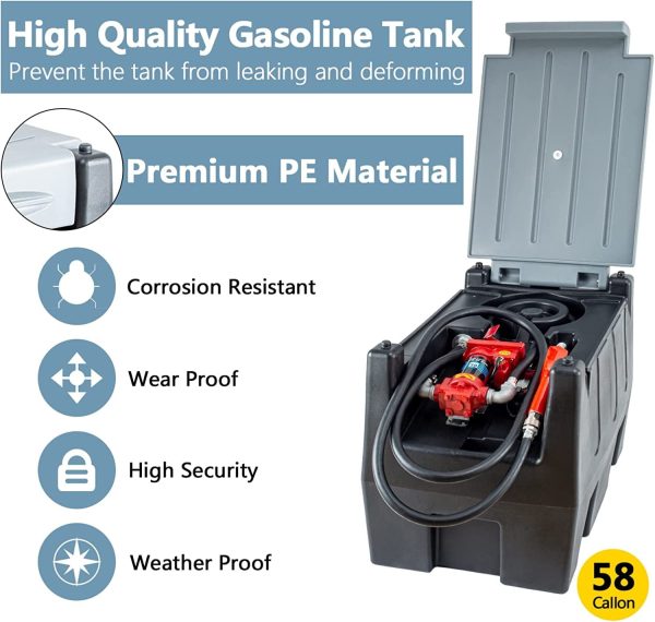 TECSPACE 58 Gallon Gasoline Tank, Portable Fuel Tank with 12V Electric Fuel Transfer Pump, 40 GPM Gasoline Fuel Tank with 4 Meters Hose for Gasoline Transportation (Black, 58 gal) - Image 5