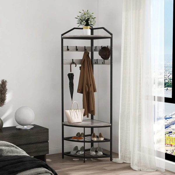 DONFU Grey Corner Hall Tree with Shoe Bench Entryway Coat Rack with 10 Metal Movable Hooks Rustic Farmhouse Freestanding Clothes Rack Shoes Shelf Organizer for Home Office Bedroom (Greige) - Image 2