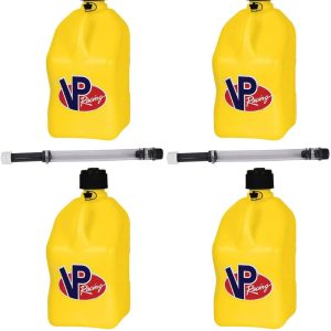 VP Racing Fuels Motorsport 5 Gallon Square Plastic Utility Jug Yellow 2/ 14 Inch Hose 4 Pack Features Close-Trimmed Cap and Neck for Tight Seal