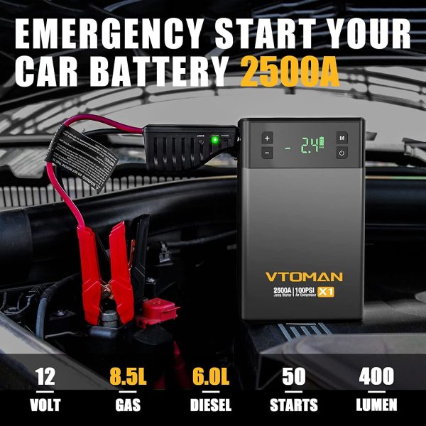 Jump Starter with Air Compressor,2500A Peak 12V Jumper Box for 8.5L Gas and 6.0L Diesel Engines with 150PSI Compressor Tire Inflator,Portable Auto Lithium Battery Booster Power Bank Car Starter - Image 2