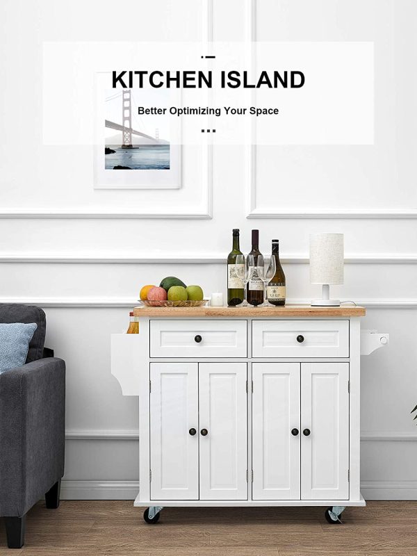 Homfa Kitchen Island Cart on Wheels, Rolling Bar Cart with Storage Cabinet, Rubber Wood Countertop, Lockable Casters, White - Image 4