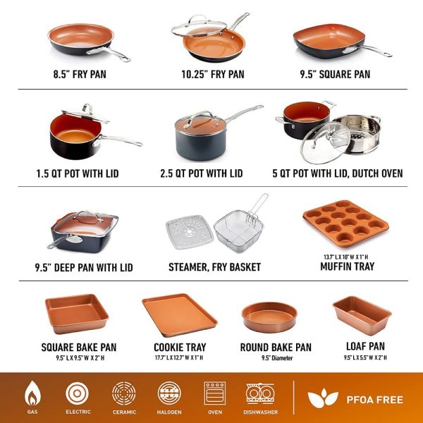 Gotham Steel 20 Pc Copper Pots and Pans Set Nonstick Cookware Set, Pot and Pan Set, Kitchen Cookware Sets, Ceramic Cookware Set, Ceramic Non Stick Pots and Pans Set with Lids, Pot Set, Dishwasher Safe - Image 2