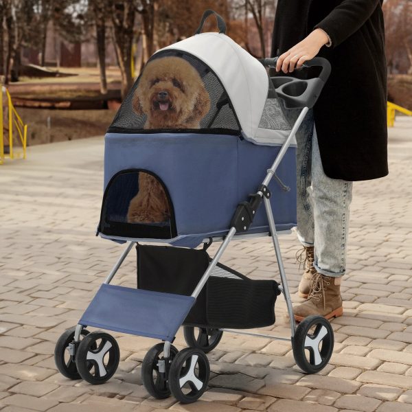 MoNiBloom 4 Wheel Foldable Dog Pet Stroller with Cup Holder, Navy Blue - Image 6