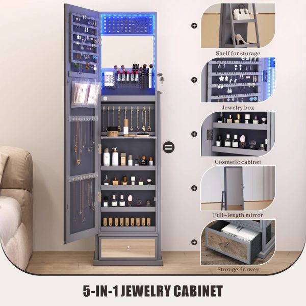 FREDEES Standing Jewelry Cabinet with Mirror and Lights, Wooden Jewelry Armoire Organizer with Full-Length Mirror for Women, Grey - Image 4
