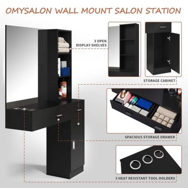OmySalon Wall Mount Barber Salon Stations for Hair Stylist, Beauty Styling Equipment Organizer w/Mirror, Hair Salon Supply cabinet w/1 Storage Cabinet, 2 Drawers & 3 Tier Shelf (Black) - Image 9
