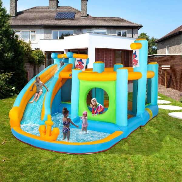 JOYMOR Inflatable Water Slide Park, Pirate Themed Bounce House w/ Obstacle Course, Water Cannon, Splash Pool, Water Slide Bouncer Castle Outdoor Backyard Playhouse for Age 3-12 Kids (Included Blower) - Image 3
