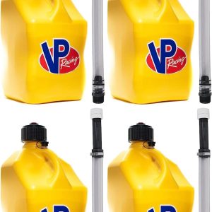 VP Racing 5.5-Gallon Square Motorsport Racing Utility Liquid Fuel Container Jug and 14 Inch Deluxe Hose Kit and Multipurpose Cap, Yellow 4 Pack