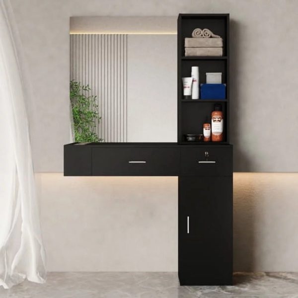 OmySalon Wall Mount Barber Salon Stations for Hair Stylist, Beauty Styling Equipment Organizer w/Mirror, Hair Salon Supply cabinet w/1 Storage Cabinet, 2 Drawers & 3 Tier Shelf (Black) - Image 3