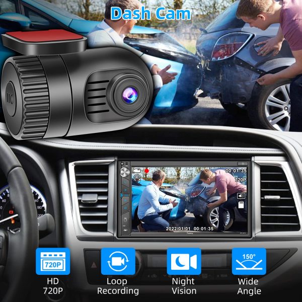 Double Din Car Stereo with Dash Cam - Voice Control Carplay, Android Auto, Steering Wheel Controls, 7" HD Touchscreen, Backup Camera, Bluetooth, Mirror Link, Subw, USB/TF/AUX, AM/FM Radio Receiver - Image 2