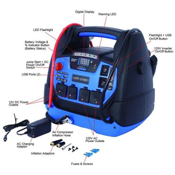 Portable Power Station, Portable Generator, 12V AGM Battery, 1800 Amp Battery, Emergency Auto Battery Booster Box, Jumper Clamp with 5 Outlet, Air Compressor and Car Tire Inflator - Image 2