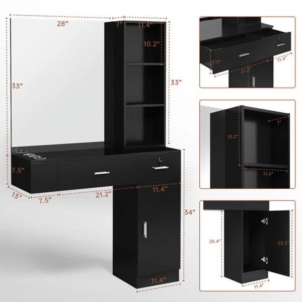 OmySalon Wall Mount Barber Salon Stations for Hair Stylist, Beauty Styling Equipment Organizer w/Mirror, Hair Salon Supply cabinet w/1 Storage Cabinet, 2 Drawers & 3 Tier Shelf (Black) - Image 5