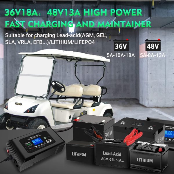 Car Battery Charger 18 Amp Automatic Smart Charger, 36V/18A 48V/13A, for Lead Acid (AGM/Gel/SLA)/LiFePO4 Trickle Charger, Pulse Repair Car Battery Charger, Deep Cycle Battery Charger - Image 2